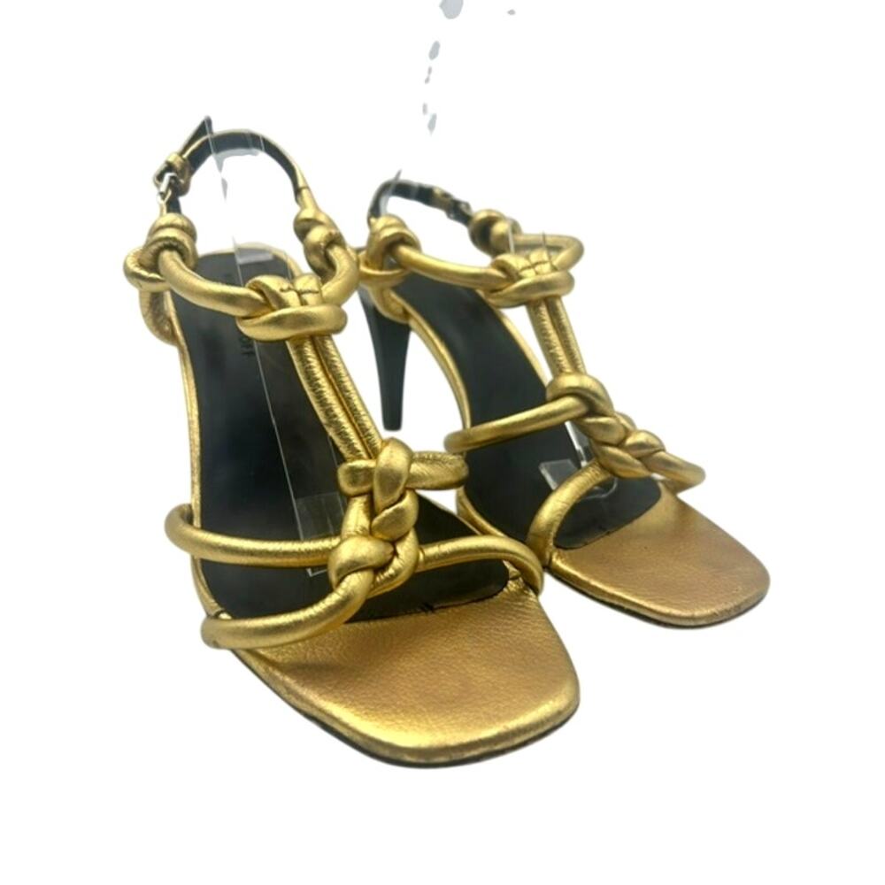 Rebecca Minkoff Lacian Gold Leather Knotted Strappy Heels Netflix Wardrobe Sale